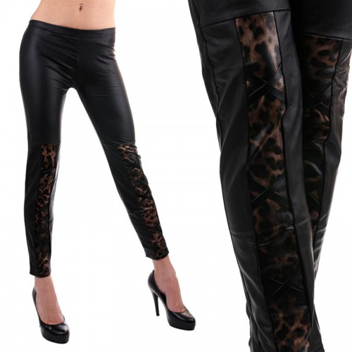 Dámska móda, doplnky - Legíny - vzhľad koža s gepardím vzorom a šnurovaním