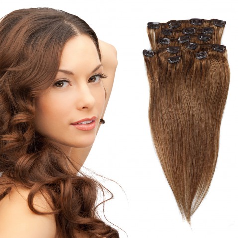 Clip in vlasy 55 cm ľudské - Remy 70g - odtieň 8 - svetlo hnedá